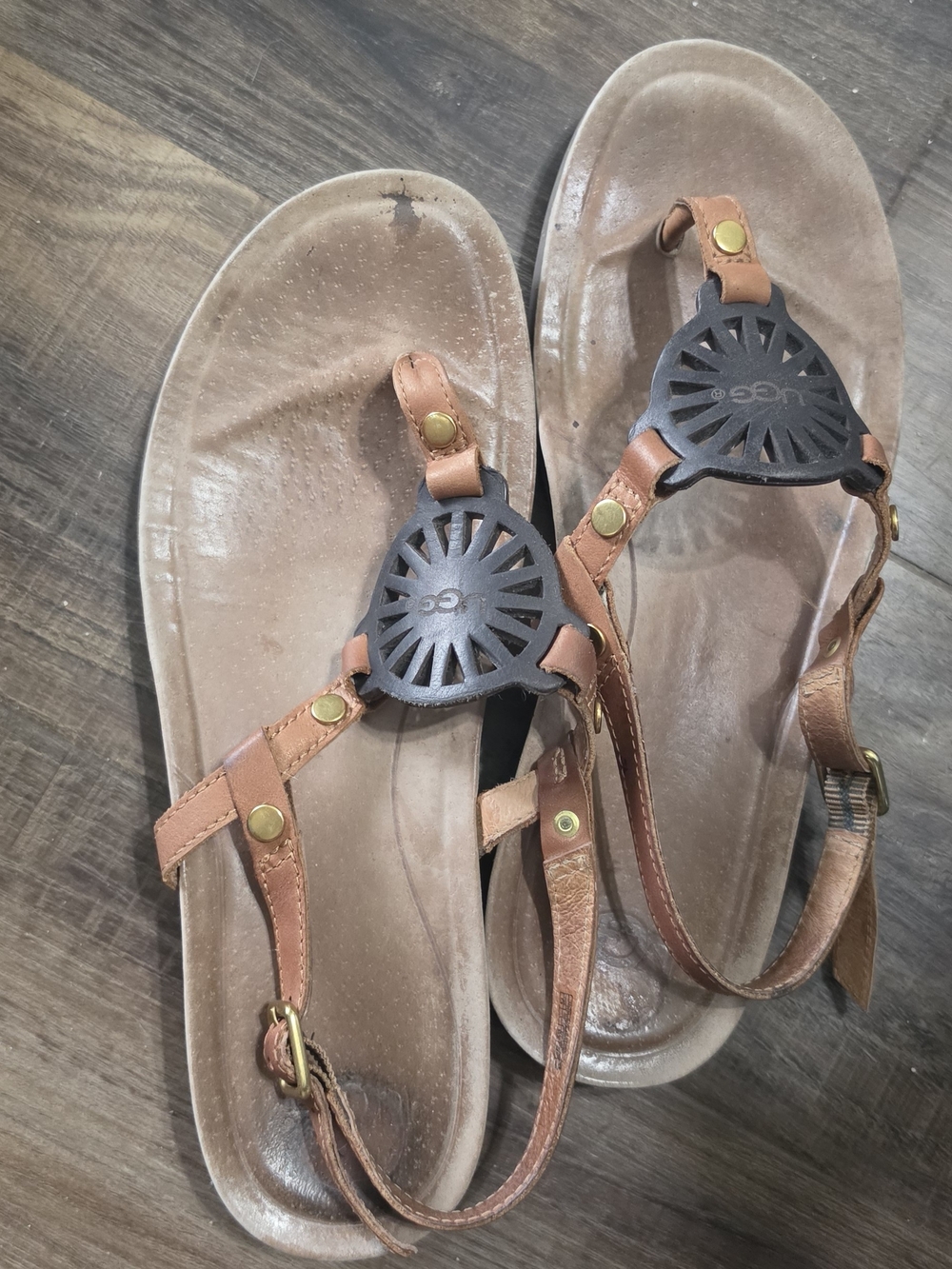 UGG Tan Brown Leather T-Strap Sandals with Black Sunburst Medallions